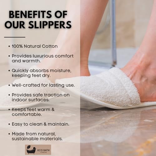 Eco Bath London Natural Toweling Slippers - Luxury 100% Organic Cotton, Ultra Soft, Machine Washable Indoor Slippers for Bath and Home, S Size (4-5) - New