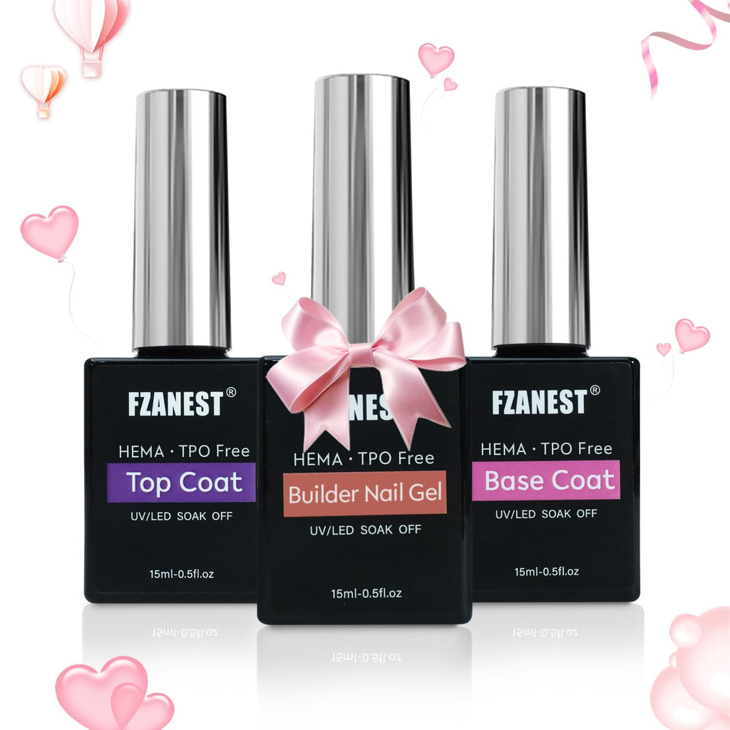 FZANEST HEMA & TPO-Free Builder Nail Gel With Top and Base Coat, 15ml * 3pcs Gel Polish Kit for Nail Strengthening Apex Extension Soak Off No Wipe Top Finish Base LED Lamp Cured - New