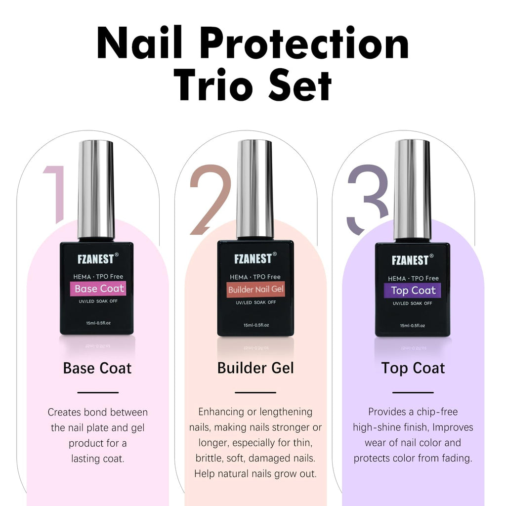 FZANEST HEMA & TPO-Free Builder Nail Gel With Top and Base Coat, 15ml * 3pcs Gel Polish Kit for Nail Strengthening Apex Extension Soak Off No Wipe Top Finish Base LED Lamp Cured - New