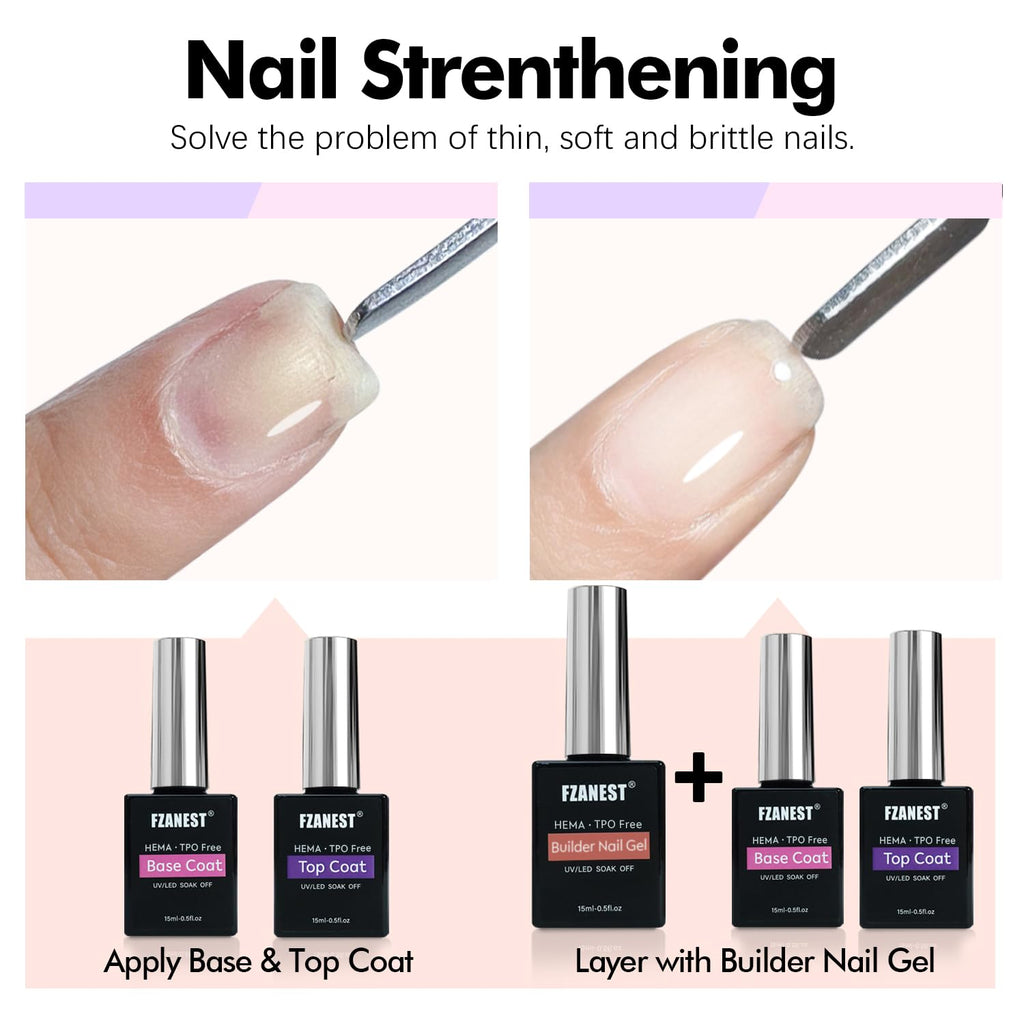 FZANEST HEMA & TPO-Free Builder Nail Gel With Top and Base Coat, 15ml * 3pcs Gel Polish Kit for Nail Strengthening Apex Extension Soak Off No Wipe Top Finish Base LED Lamp Cured - New