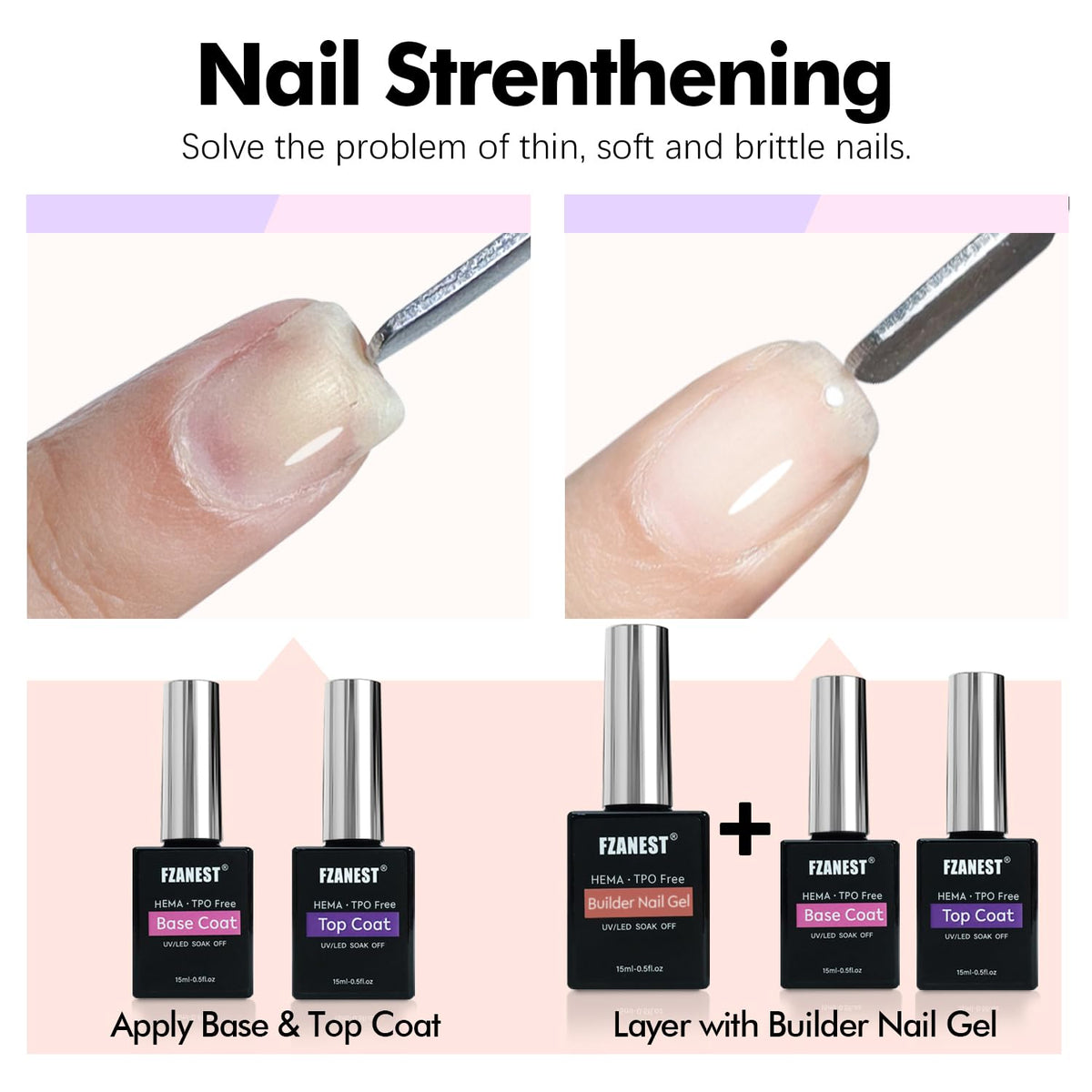 FZANEST HEMA & TPO-Free Builder Nail Gel With Top and Base Coat, 15ml * 3pcs Gel Polish Kit for Nail Strengthening Apex Extension Soak Off No Wipe Top Finish Base LED Lamp Cured - New