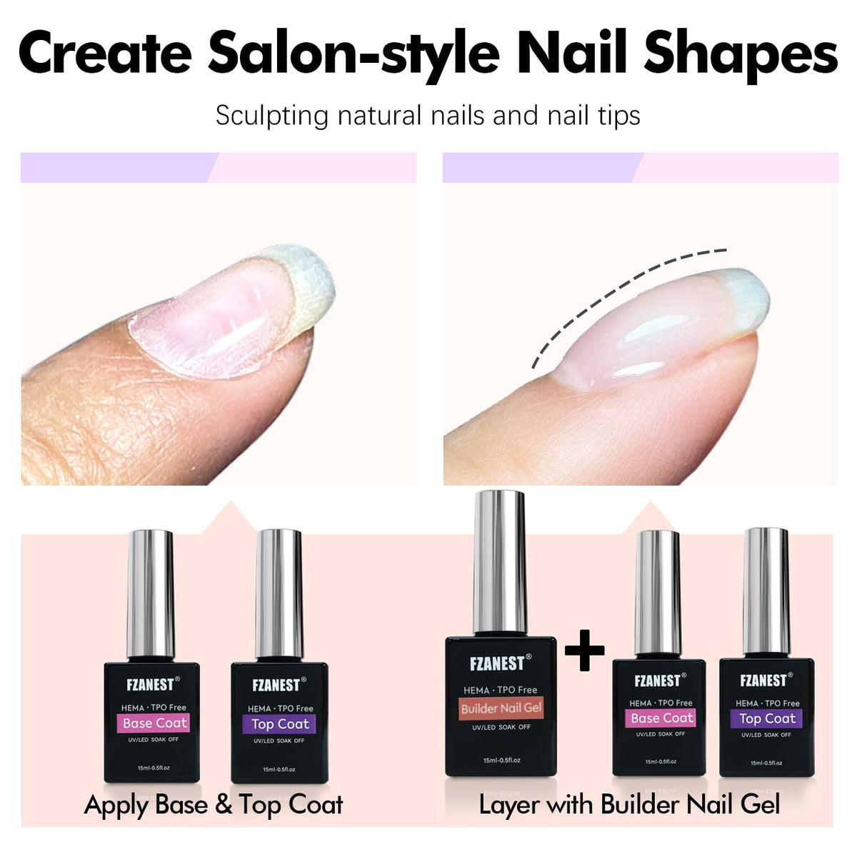 FZANEST HEMA & TPO-Free Builder Nail Gel With Top and Base Coat, 15ml * 3pcs Gel Polish Kit for Nail Strengthening Apex Extension Soak Off No Wipe Top Finish Base LED Lamp Cured - New