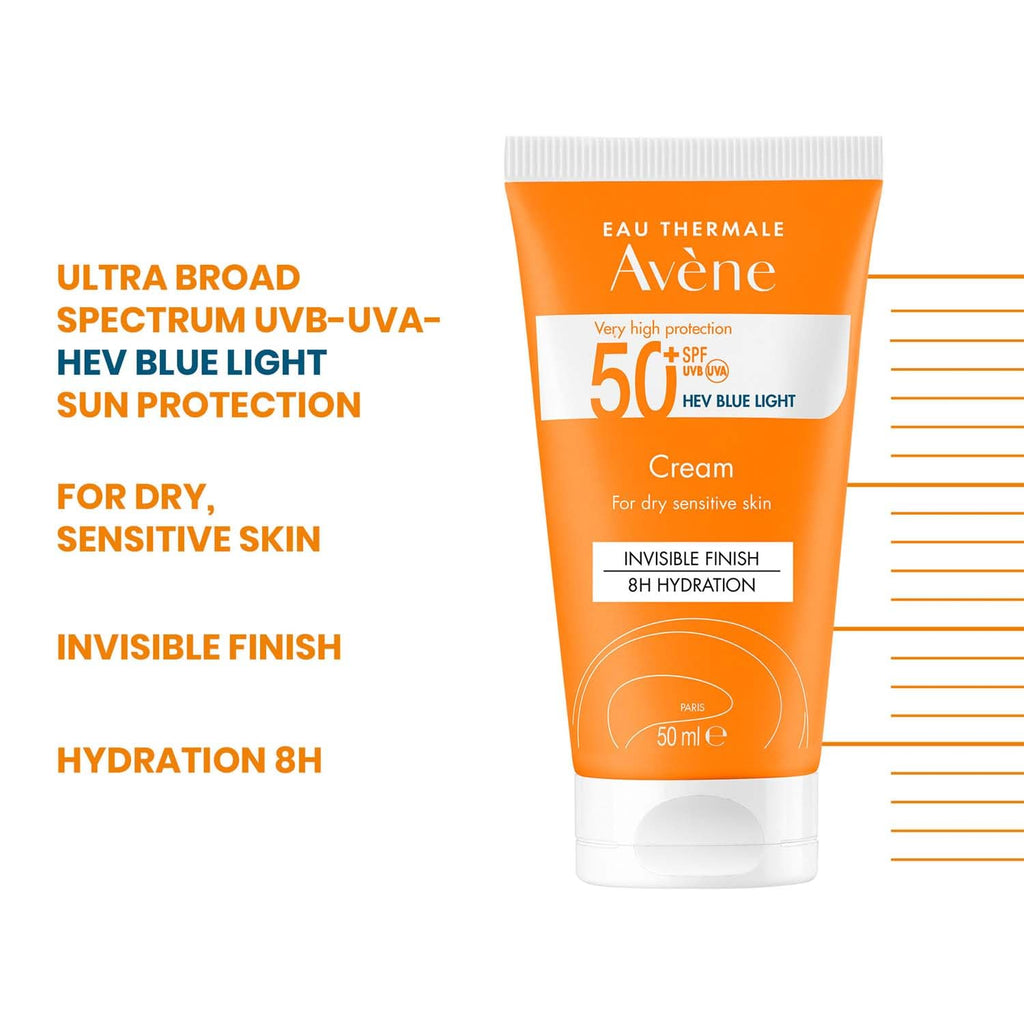 AVENE Sun Care - Very High Protection Face Sun Cream SPF 50+ - Protects Against UVB, UVA & HEV Blue Light - 8h Moisturising - Invisible Finish - Water Resistant - Dry, Sensitive Skin - 50 ml - Damaged Box - BBE 07/2028