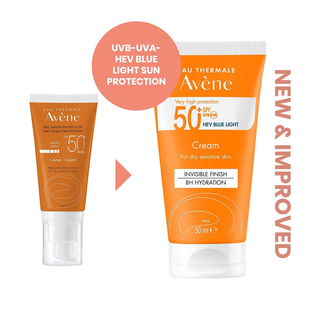 AVENE Sun Care - Very High Protection Face Sun Cream SPF 50+ - Protects Against UVB, UVA & HEV Blue Light - 8h Moisturising - Invisible Finish - Water Resistant - Dry, Sensitive Skin - 50 ml - Damaged Box - BBE 07/2028