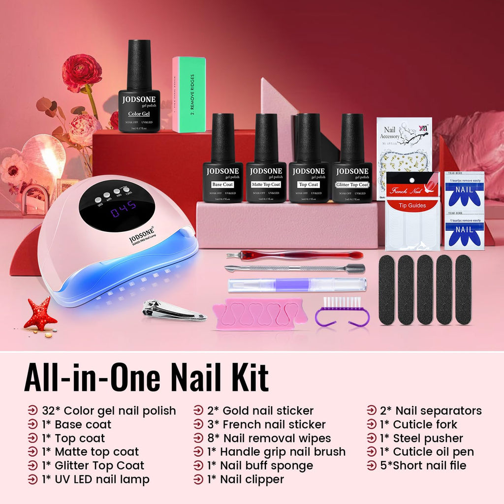 JODSONE Gel Nail Polish Kit with U V Light 32 Colors Gel Polish Nail + 4 Functional Adhesive Bottles Kit Soak Off Manicure Tools Gifts for Women - Damaged Box