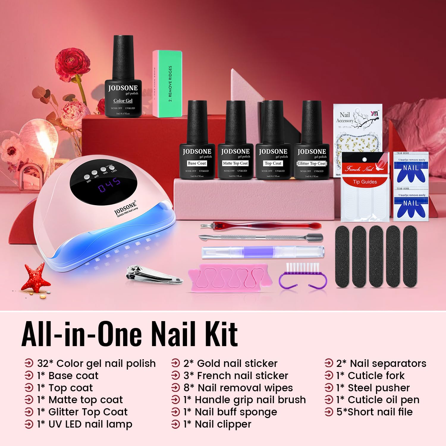 JODSONE Gel Nail Polish Kit with U V Light 32 Colors Gel Polish Nail + 4 Functional Adhesive Bottles Kit Soak Off Manicure Tools Gifts for Women - Damaged Box