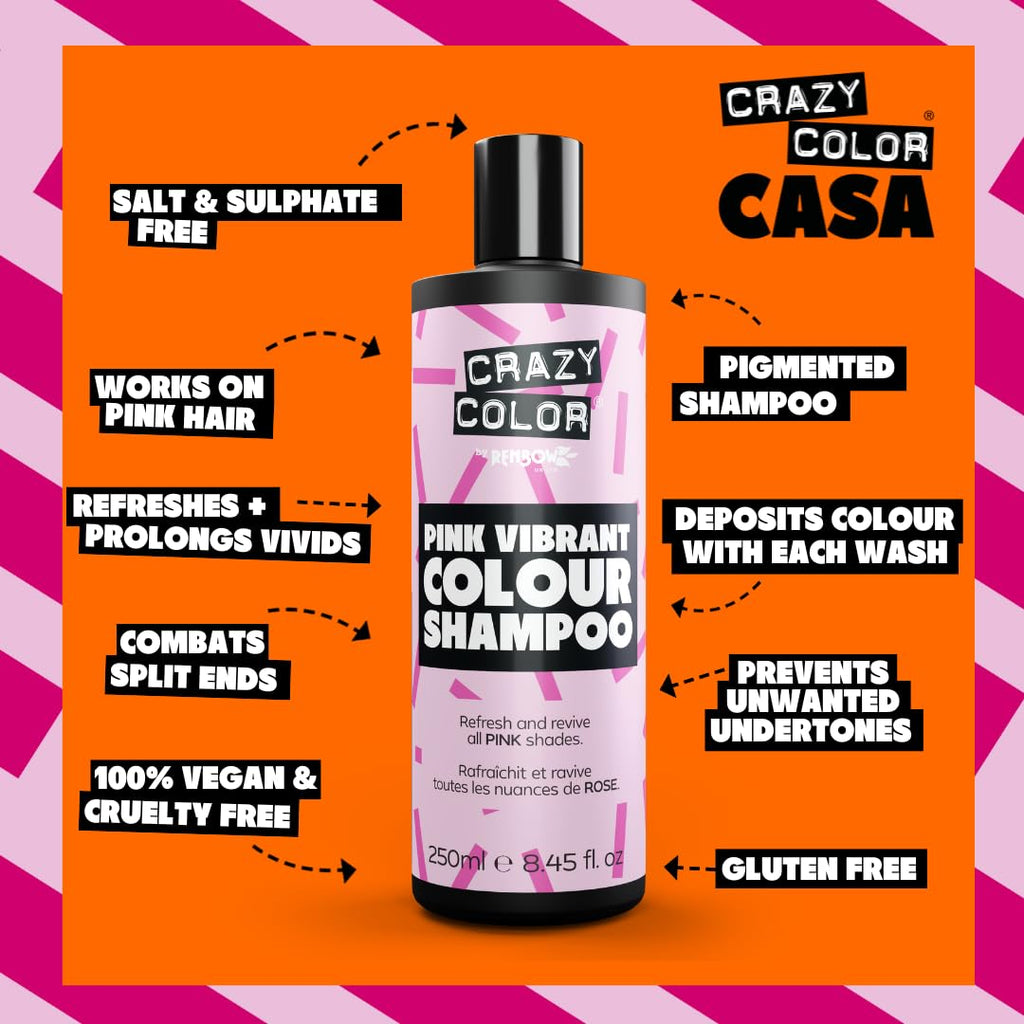 Crazy Color Pink Shampoo - 250ml Semi-Permanent Hair Colour Toner Vegan Formula - Damaged Box