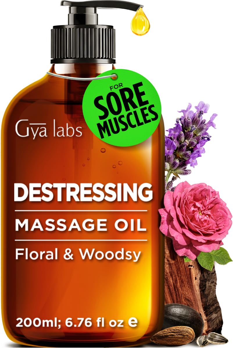 Gya Labs Destressing Massage Oil - Sore Muscle Body Therapy Oil with Lavender & Rose Otto - 200ml - New - BBE 07/2029