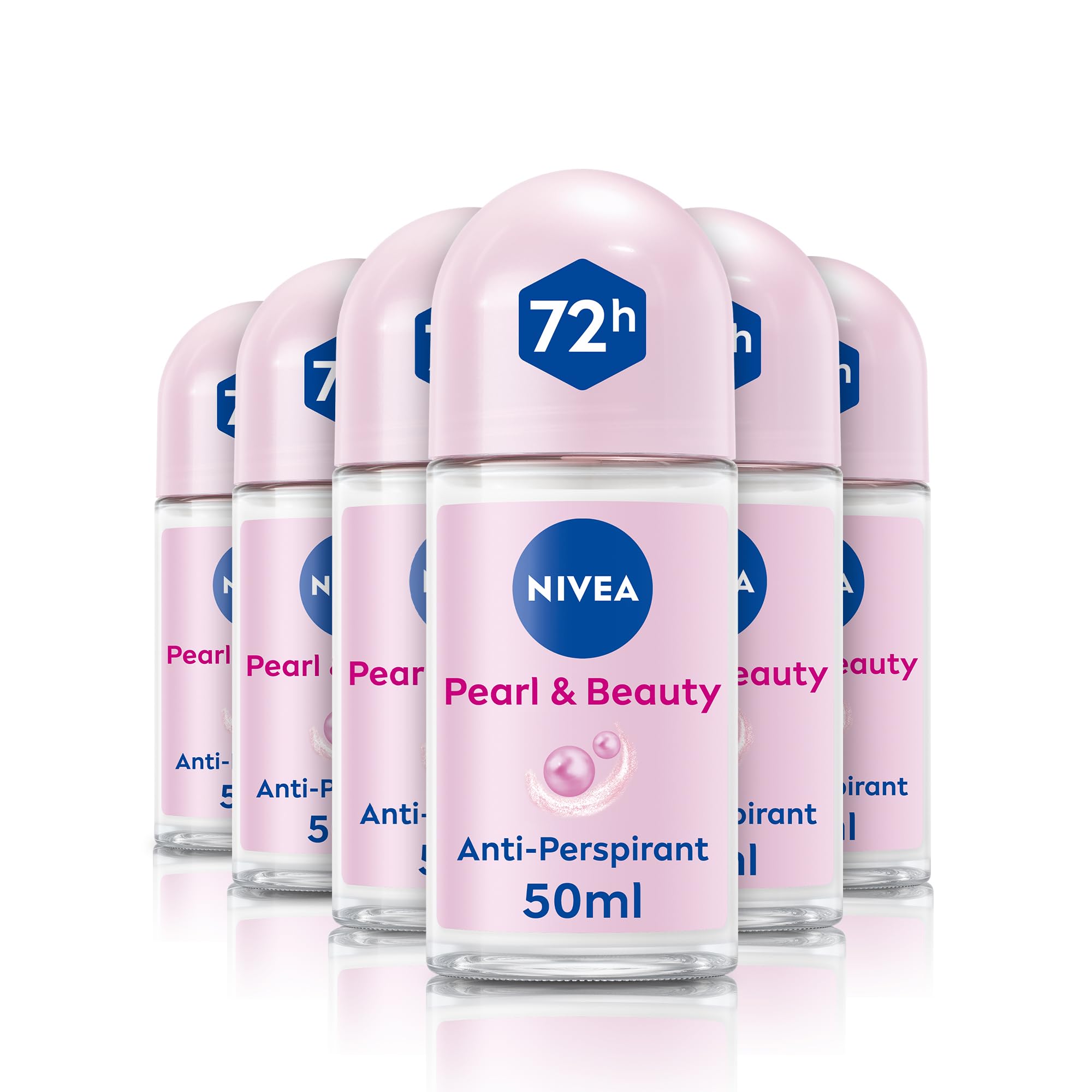 NIVEA Pearl & Beauty Anti-Perspirant Deodorant Roll On (6 x 50ml), Roll On Deodorant for Women with 72H Sweat and Odour Protection, Women's Anti-Perspirant with Pearl Extracts (Pack of 6) - Damaged Box