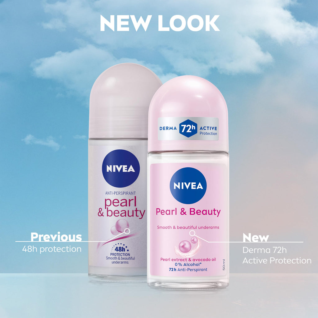 NIVEA Pearl & Beauty Anti-Perspirant Deodorant Roll On (6 x 50ml), Roll On Deodorant for Women with 72H Sweat and Odour Protection, Women's Anti-Perspirant with Pearl Extracts (Pack of 6) - Damaged Box