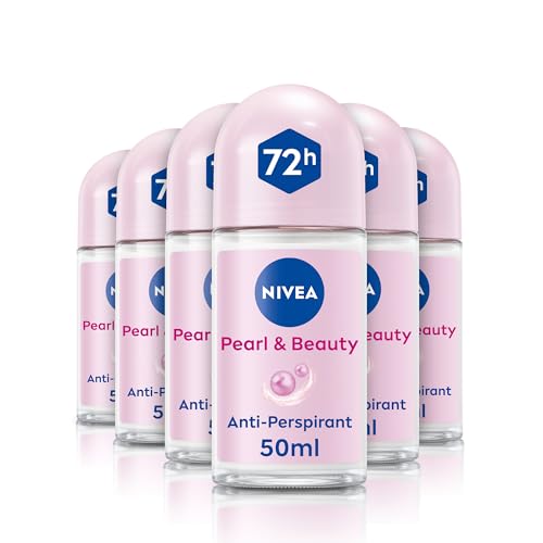 NIVEA Pearl & Beauty Anti-Perspirant Deodorant Roll On (6 x 50ml), Roll On Deodorant for Women with 72H Sweat and Odour Protection, Women's Anti-Perspirant with Pearl Extracts (Pack of 6) - Damaged Box
