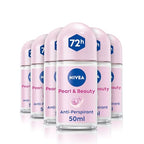 NIVEA Pearl & Beauty Anti-Perspirant Deodorant Roll On (6 x 50ml), Roll On Deodorant for Women with 72H Sweat and Odour Protection, Women's Anti-Perspirant with Pearl Extracts (Pack of 6) - Damaged Box