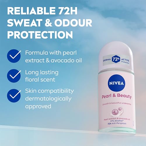 NIVEA Pearl & Beauty Anti-Perspirant Deodorant Roll On (6 x 50ml), Roll On Deodorant for Women with 72H Sweat and Odour Protection, Women's Anti-Perspirant with Pearl Extracts (Pack of 6) - Damaged Box