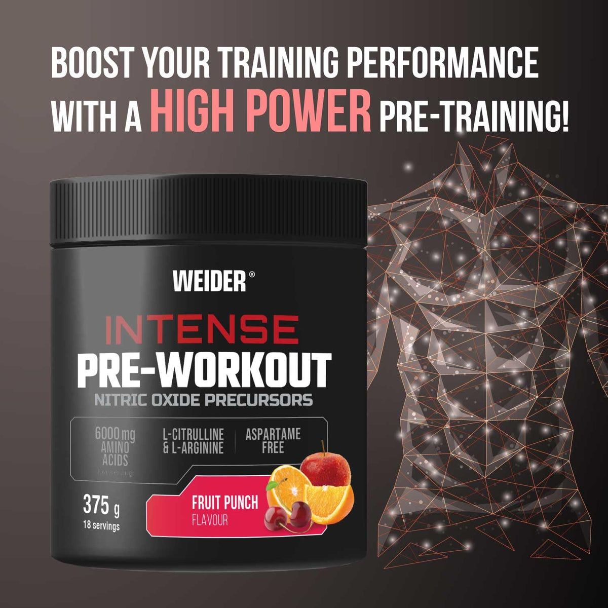 Weider Intense Pre-Workout 375g Fruit Punch - Nitric Oxide Precursors - Energy Focus Supplement - New - BBE 08/2026