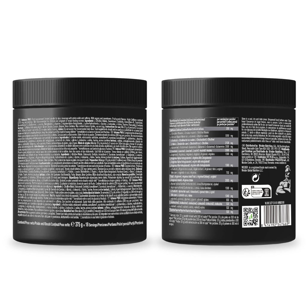 Weider Intense Pre-Workout 375g Fruit Punch - Nitric Oxide Precursors - Energy Focus Supplement - New - BBE 08/2026