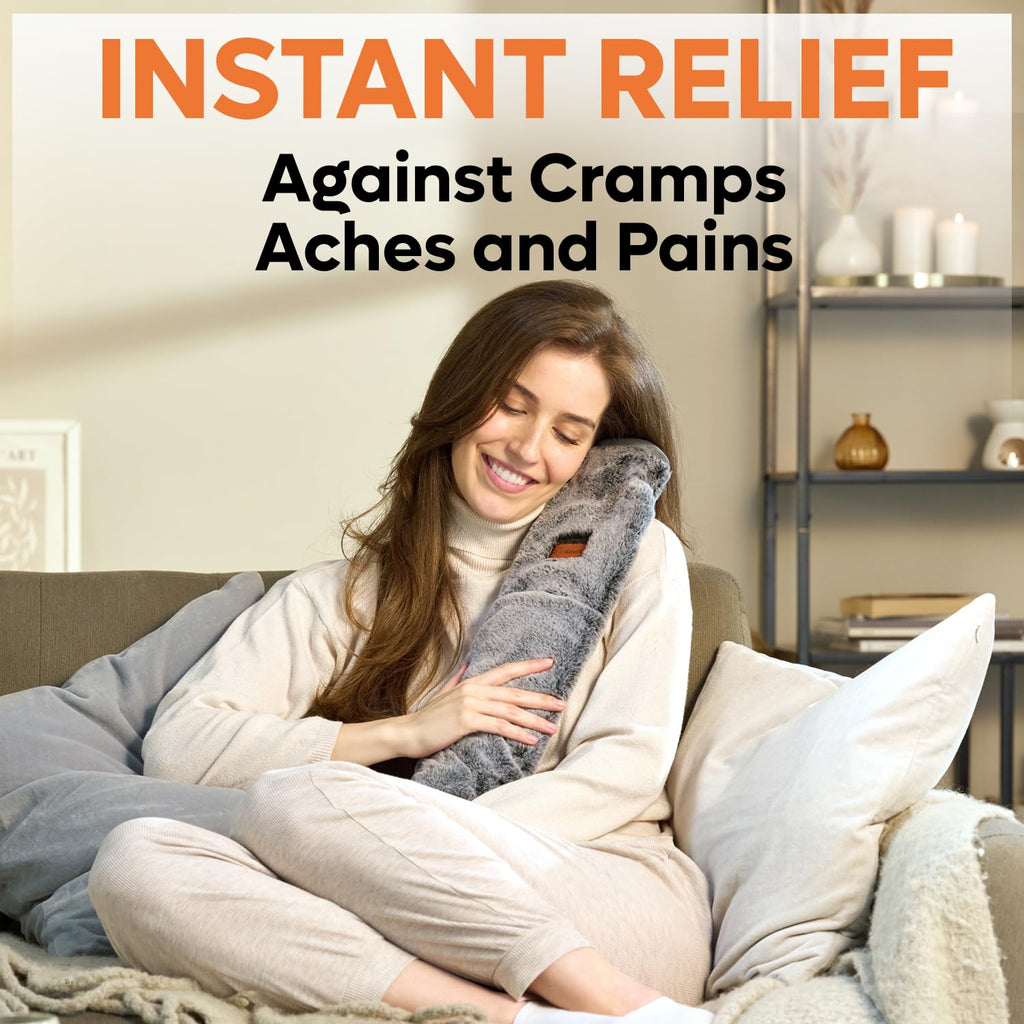Long Hot Water Bottle with Cover - Back Neck Stomach Pain Relief - Super Soft Fur Velvet - 2L 76cm Heat Pack - Damaged Box