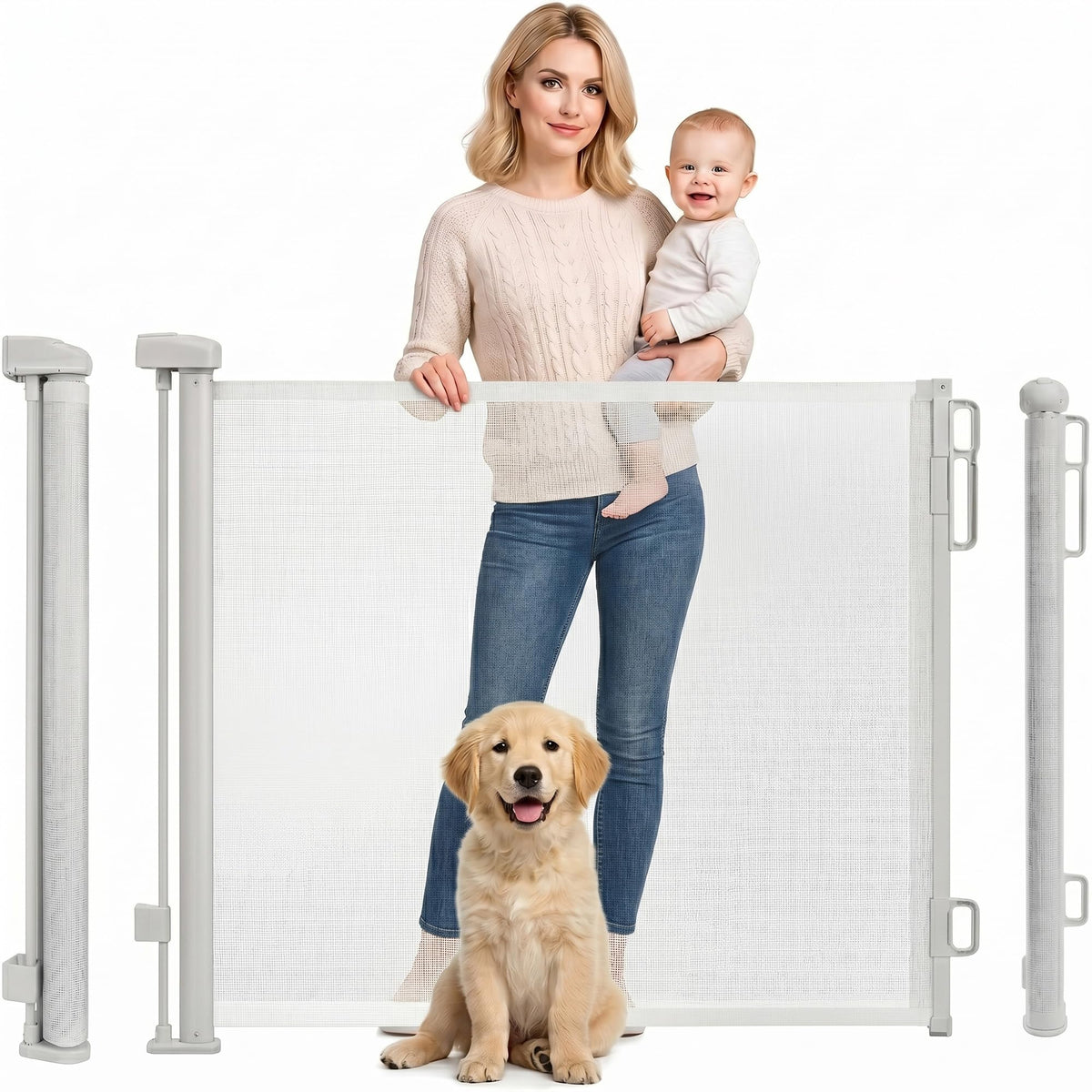Rainberg Retractable Stair Gate - 150cm Wide 80cm Tall - Baby Pet Safety Barrier - One Hand Operated Doorway Hallway White - New