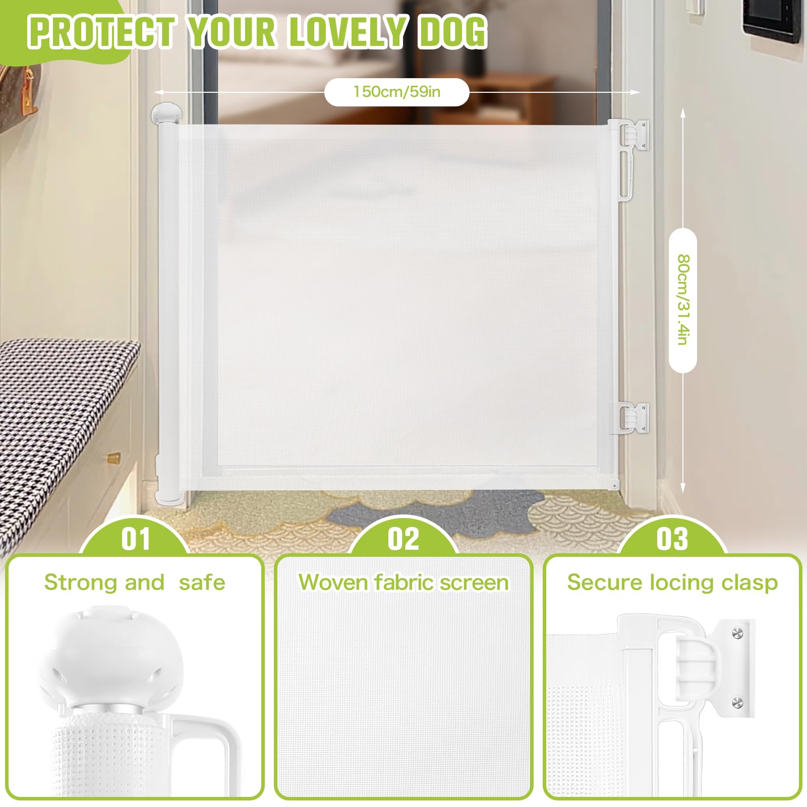 Rainberg Retractable Stair Gate - 150cm Wide 80cm Tall - Baby Pet Safety Barrier - One Hand Operated Doorway Hallway White - New