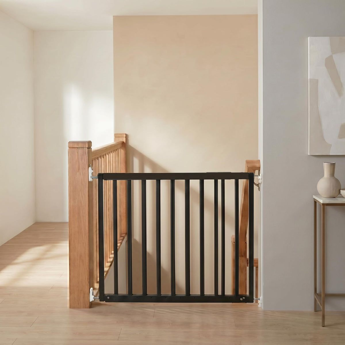 Safetots Top of Stairs Screw Fitted Baby Gate - Black Wooden Safety Barrier - 63.5-105.5cm Wood Stair Gate - New