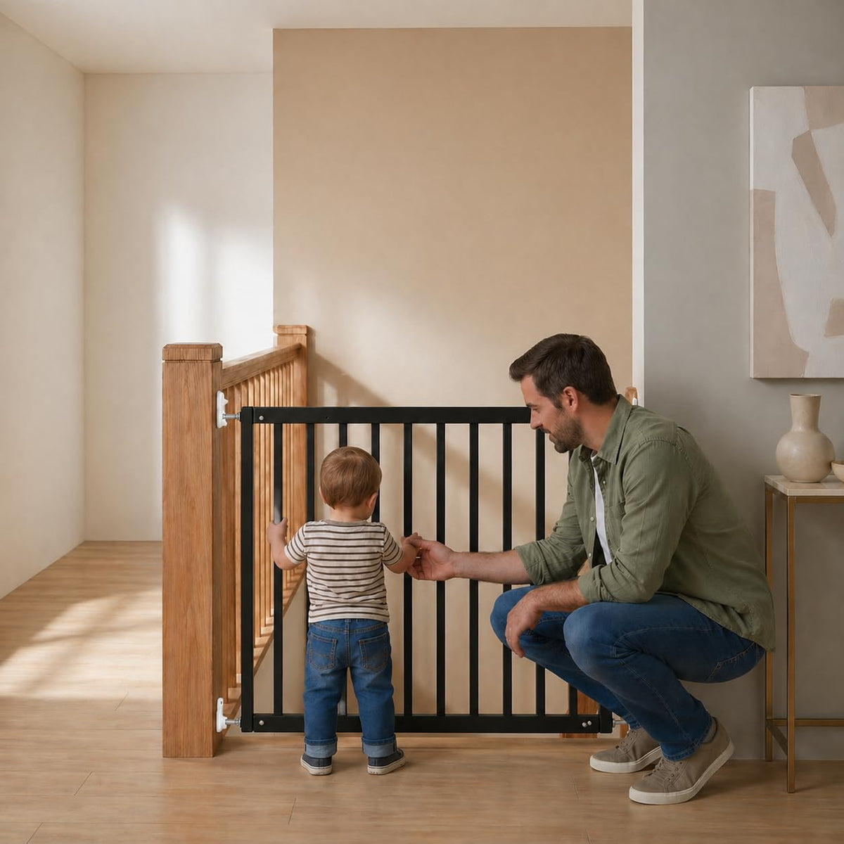 Safetots Top of Stairs Screw Fitted Baby Gate - Black Wooden Safety Barrier - 63.5-105.5cm Wood Stair Gate - New