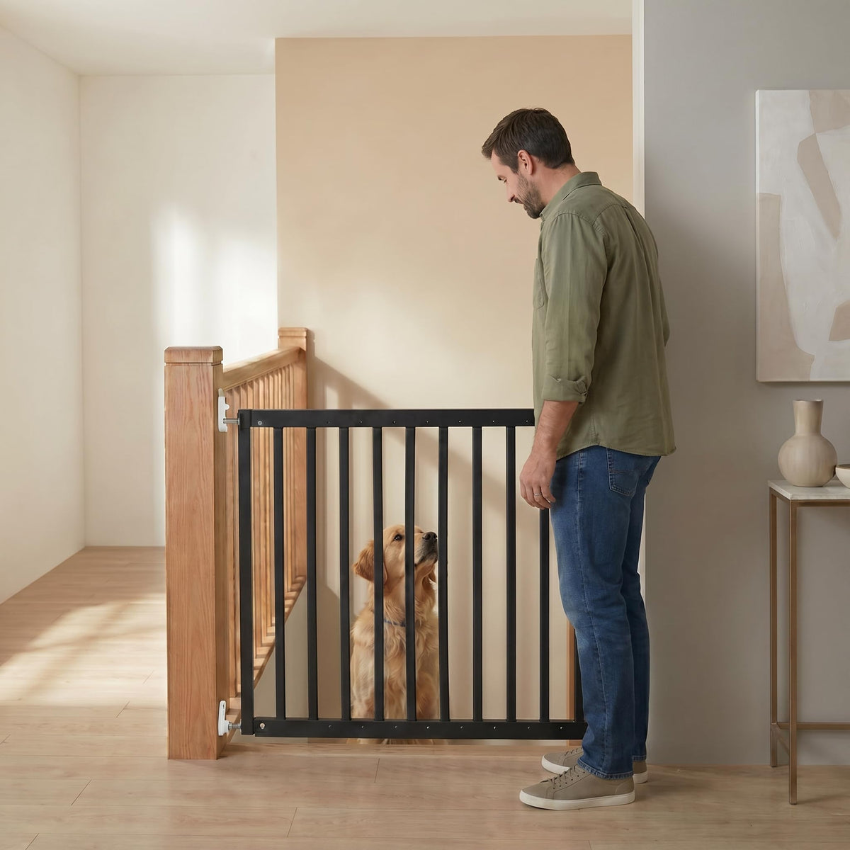 Safetots Top of Stairs Screw Fitted Baby Gate - Black Wooden Safety Barrier - 63.5-105.5cm Wood Stair Gate - New