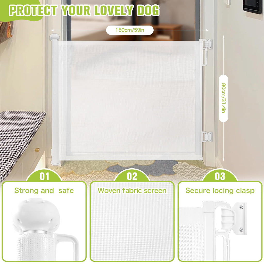 Rainberg Retractable Stair Gate - 150cm Wide, 80cm Tall - Baby & Pet Safety Barrier - One Hand Operated Child Gate - White - Damaged Box