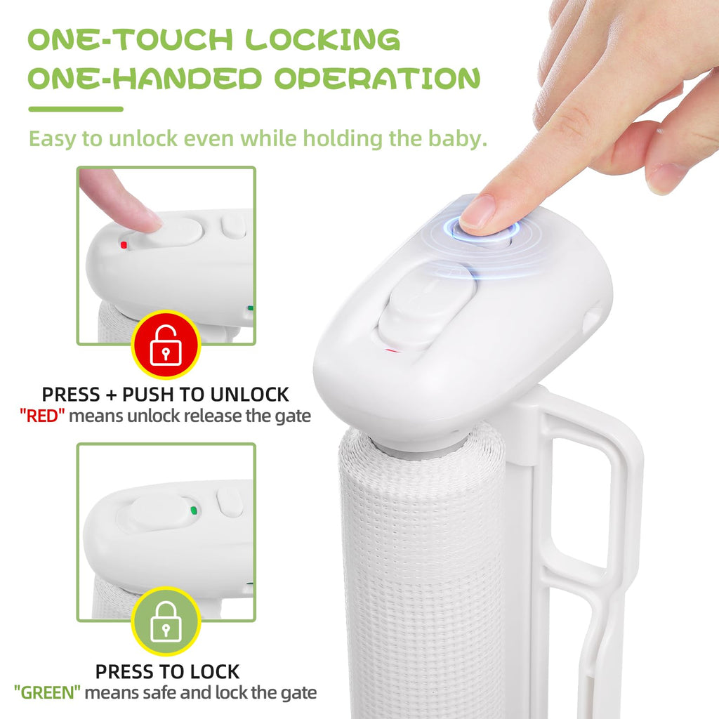 Rainberg Retractable Stair Gate - 150cm Wide, 80cm Tall - Baby & Pet Safety Barrier - One Hand Operated Child Gate - White - Damaged Box