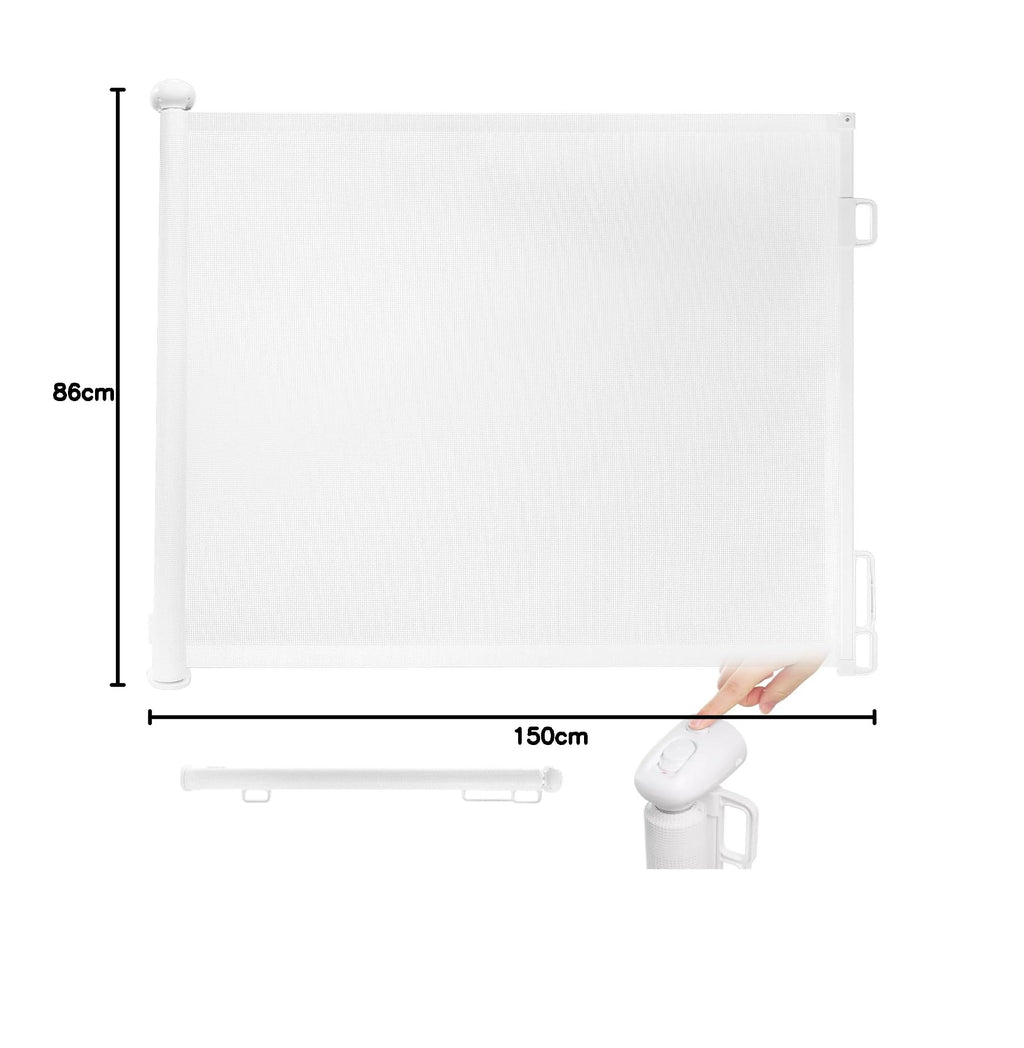 Rainberg Retractable Stair Gate - 150cm Wide, 80cm Tall - Baby & Pet Safety Barrier - One Hand Operated Child Gate - White - Damaged Box