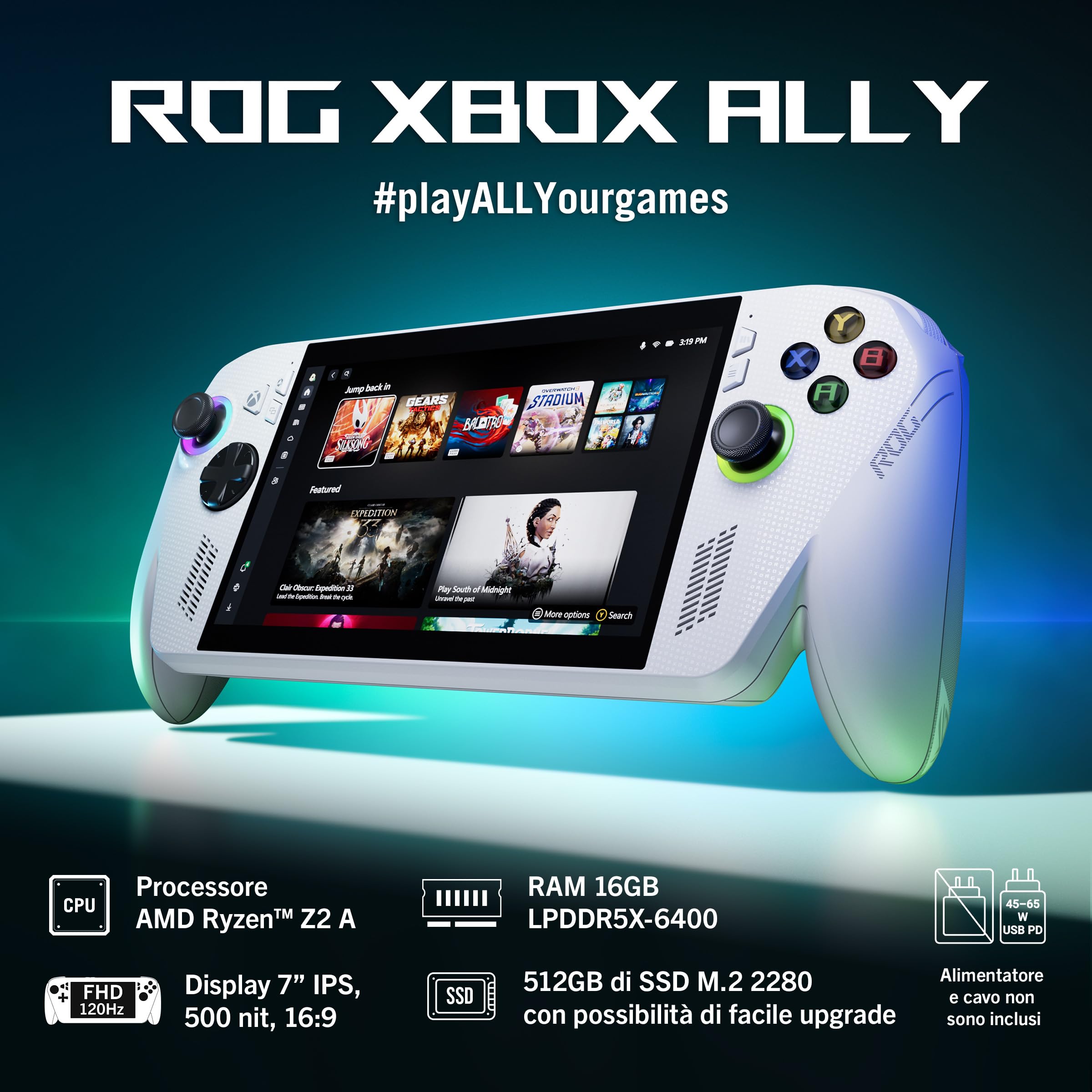 ASUS ROG Xbox Ally RC73YA, Gaming Console, 7" Glossy Touchscreen Display, 120Hz, AMD Ryzen Z2, RAM 16GB, 512GB SSD PCIE, Windows 11 Home, White - Like New