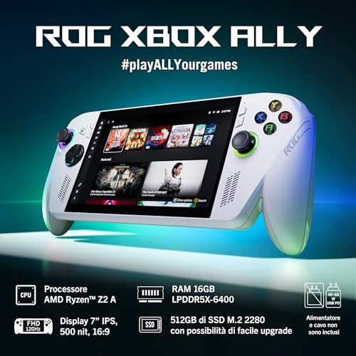 ASUS ROG Xbox Ally RC73YA, Gaming Console, 7" Glossy Touchscreen Display, 120Hz, AMD Ryzen Z2, RAM 16GB, 512GB SSD PCIE, Windows 11 Home, White - Like New