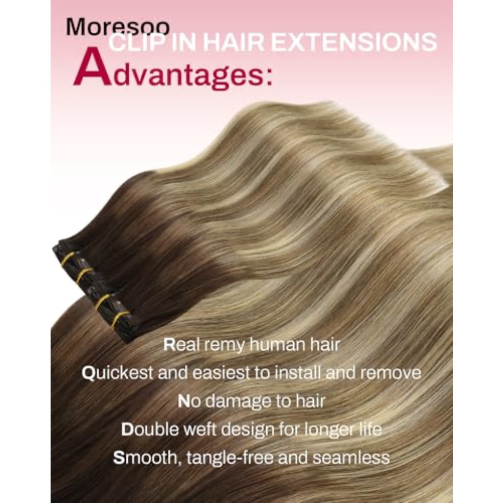 Moresoo Clip in Hair Extensions Roots Dark Natural Shadows 14 Inch 5pcs/80g - Damaged Box