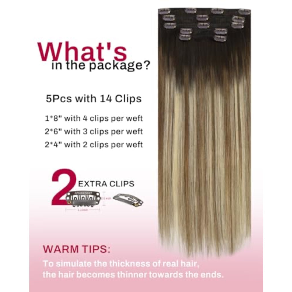 Moresoo Clip in Hair Extensions Roots Dark Natural Shadows 14 Inch 5pcs/80g - Damaged Box