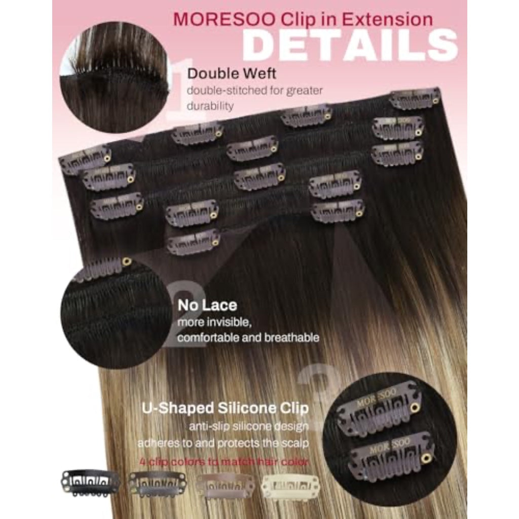 Moresoo Clip in Hair Extensions Roots Dark Natural Shadows 14 Inch 5pcs/80g - Damaged Box