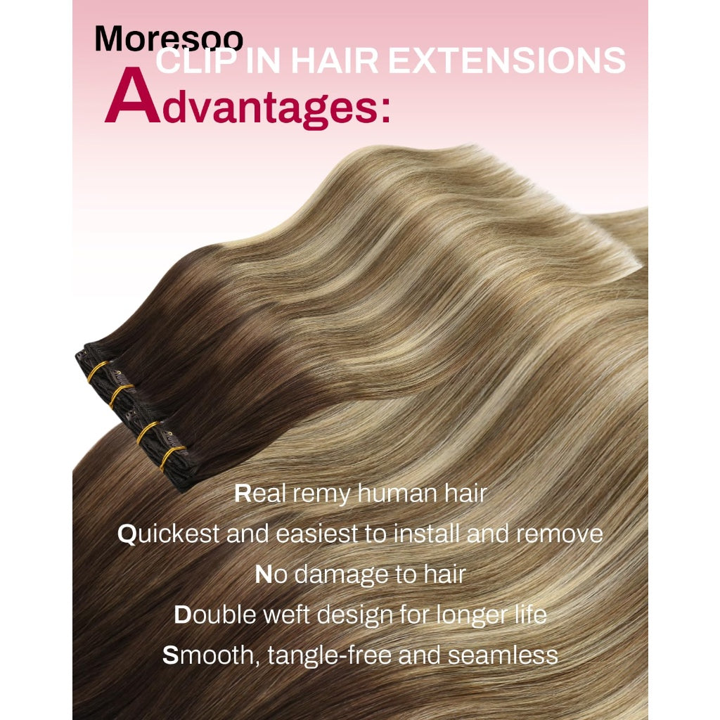 Moresoo Clip in Hair Extensions Roots Dark Natural Shadows 14 Inch 5pcs/80g - Damaged Box