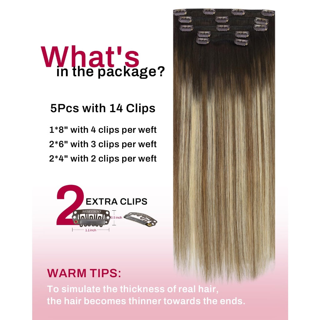 Moresoo Clip in Hair Extensions Roots Dark Natural Shadows 14 Inch 5pcs/80g - Damaged Box