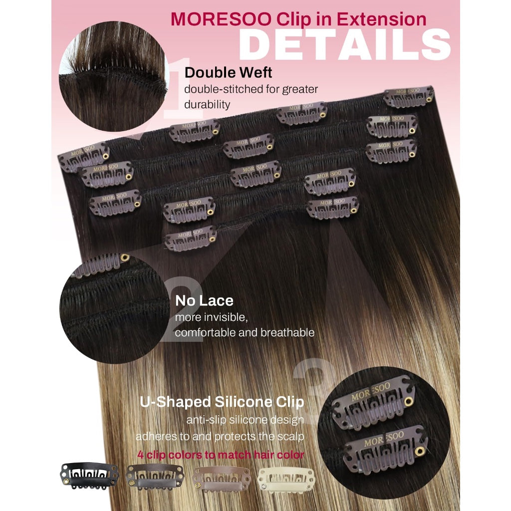 Moresoo Clip in Hair Extensions Roots Dark Natural Shadows 14 Inch 5pcs/80g - Damaged Box