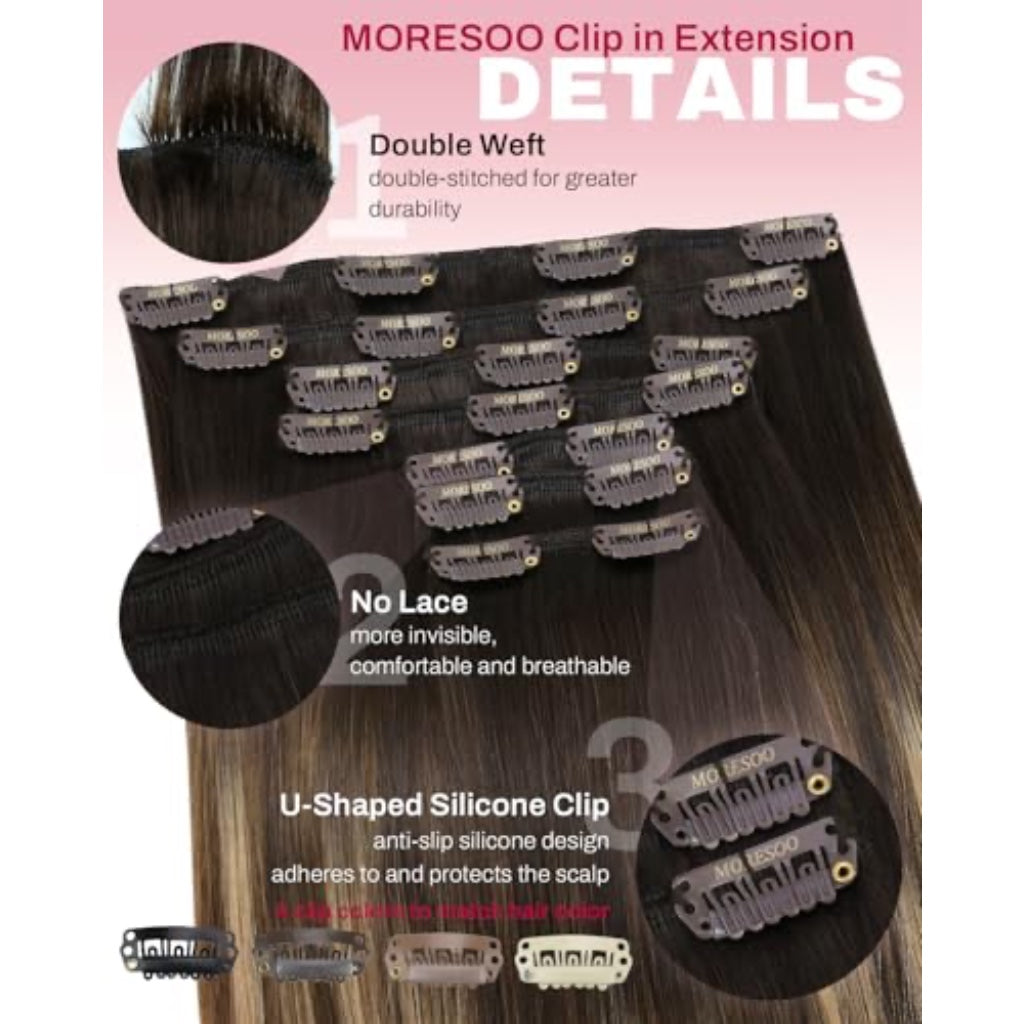 Moresoo Clip in Hair Extensions Real Human Hair Silky 18 Inch 135G 7pcs - Damaged Box