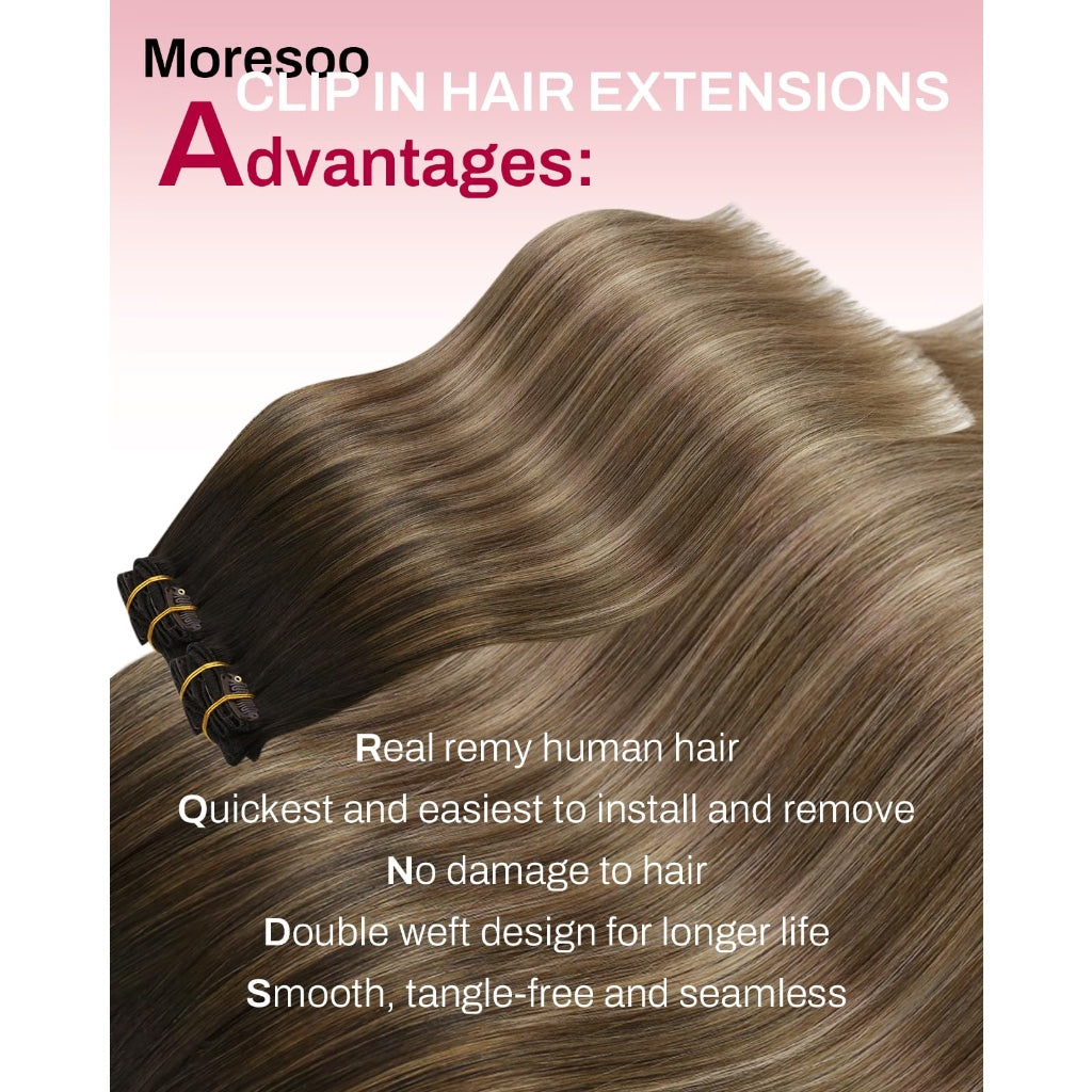 Moresoo Clip in Hair Extensions Real Human Hair Silky 18 Inch 135G 7pcs - Damaged Box