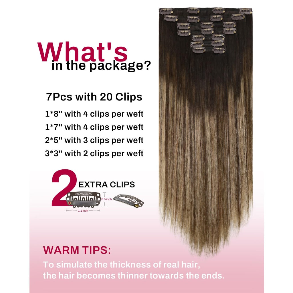Moresoo Clip in Hair Extensions Real Human Hair Silky 18 Inch 135G 7pcs - Damaged Box
