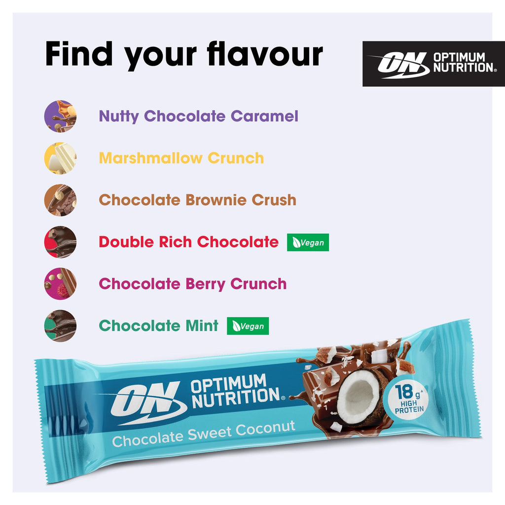 Optimum Nutrition Protein Bars - Chocolate Sweet Coconut - 12 x 59g - Soy Protein - Pre/Post Workout Gym Snack - Damaged Box - BBE 07/2026