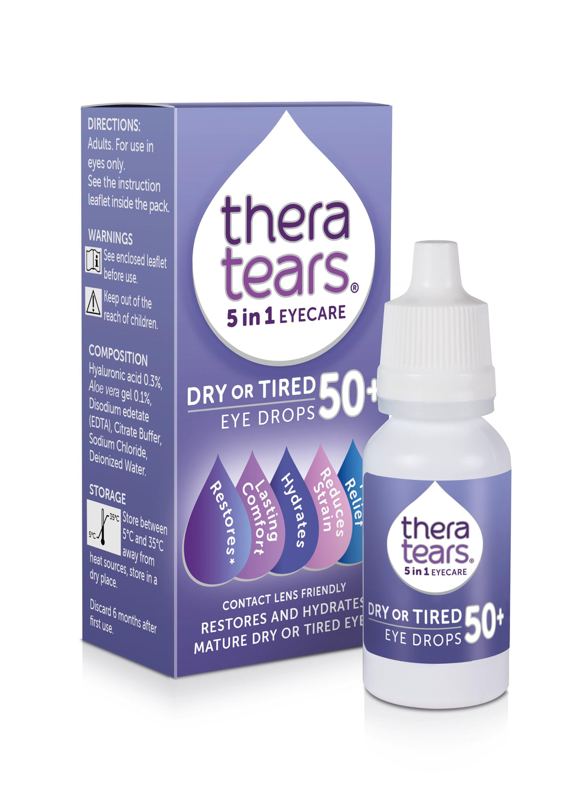 TheraTears Dry or Tired Eye Drops 50+ - Restores & Hydrates Mature Eyes - Contact Lens Friendly - 10ml - Damaged Box - BBE 08/2026