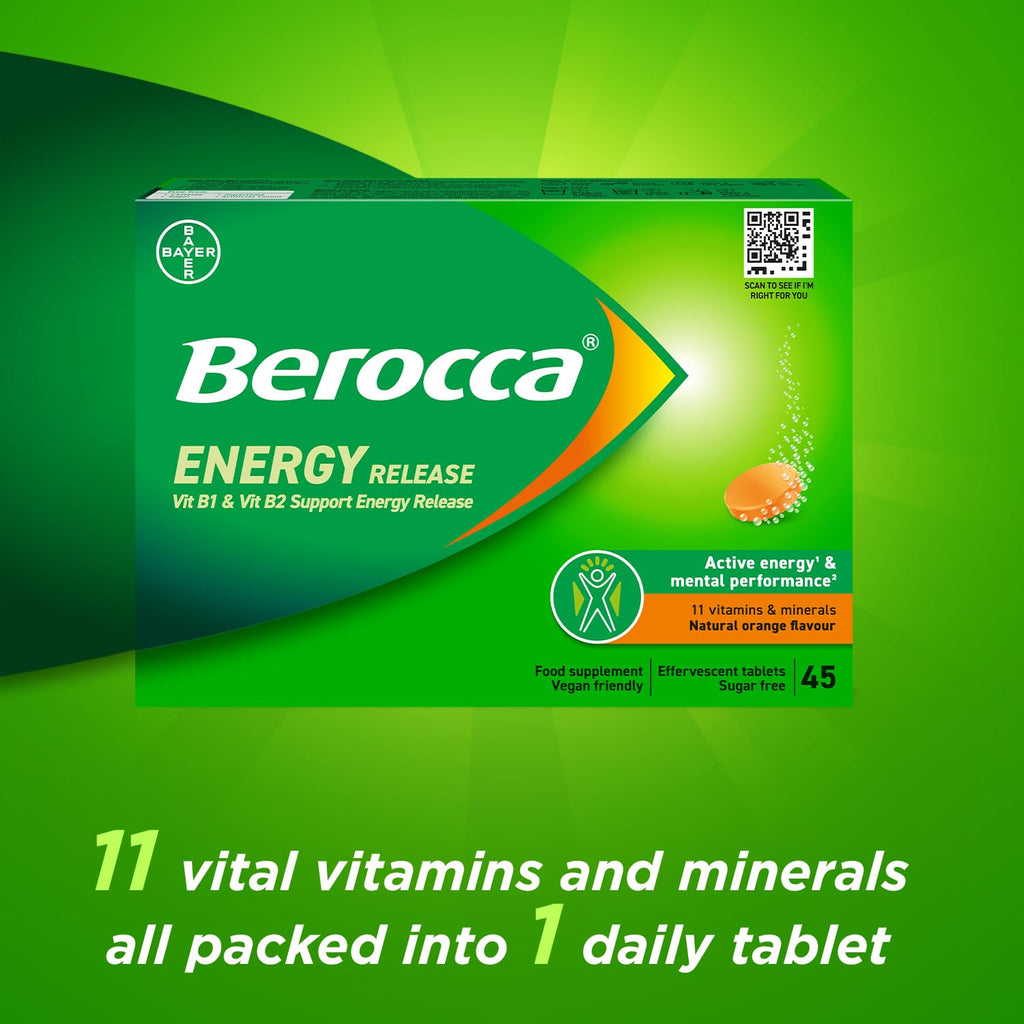 Berocca Vitamin C Effervescent Tablets - Orange Flavour - Magnesium, B12, B Complex - 45 Tablets - Damaged Box - BBE 12/2027