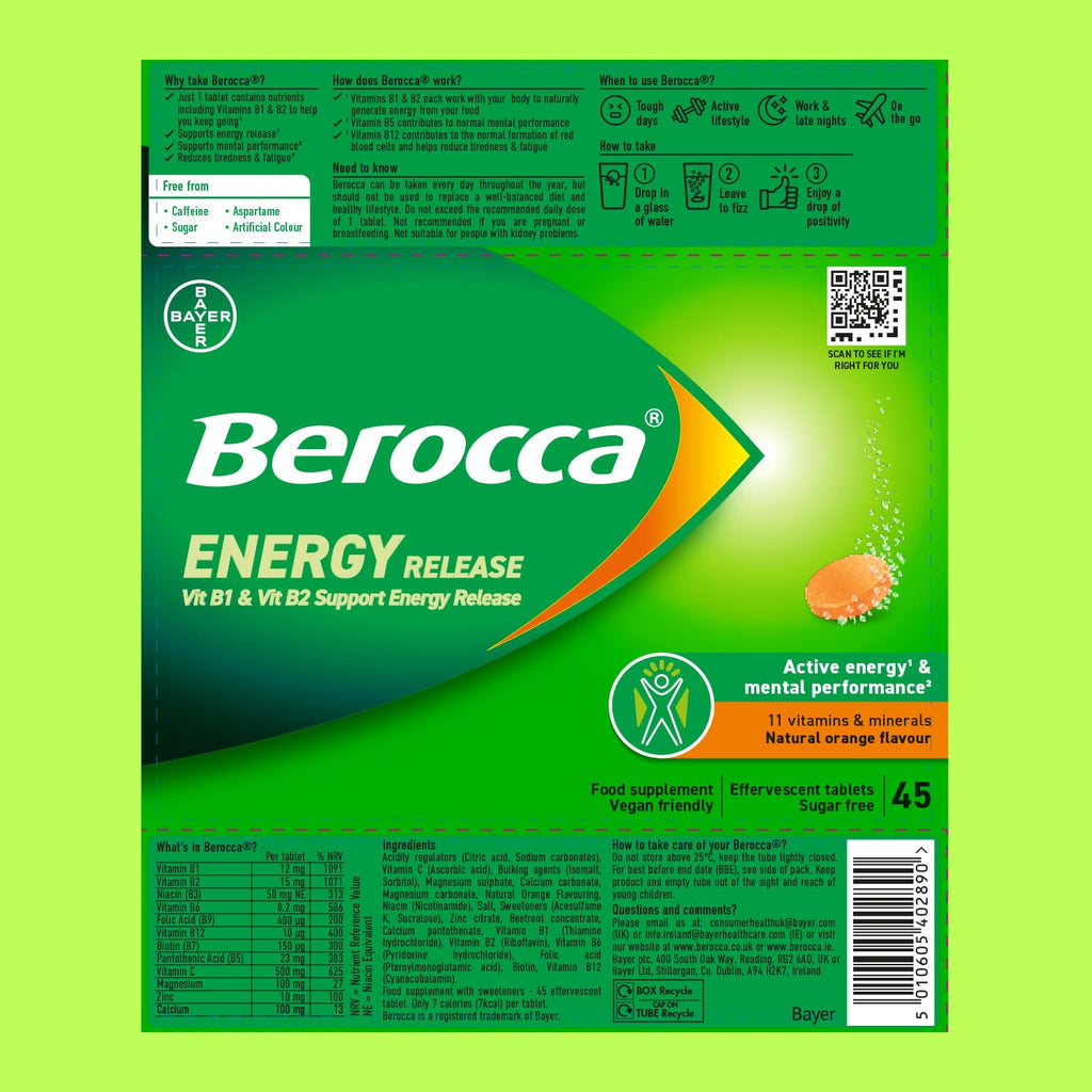 Berocca Vitamin C Effervescent Tablets - Orange Flavour - Magnesium, B12, B Complex - 45 Tablets - Damaged Box - BBE 12/2027