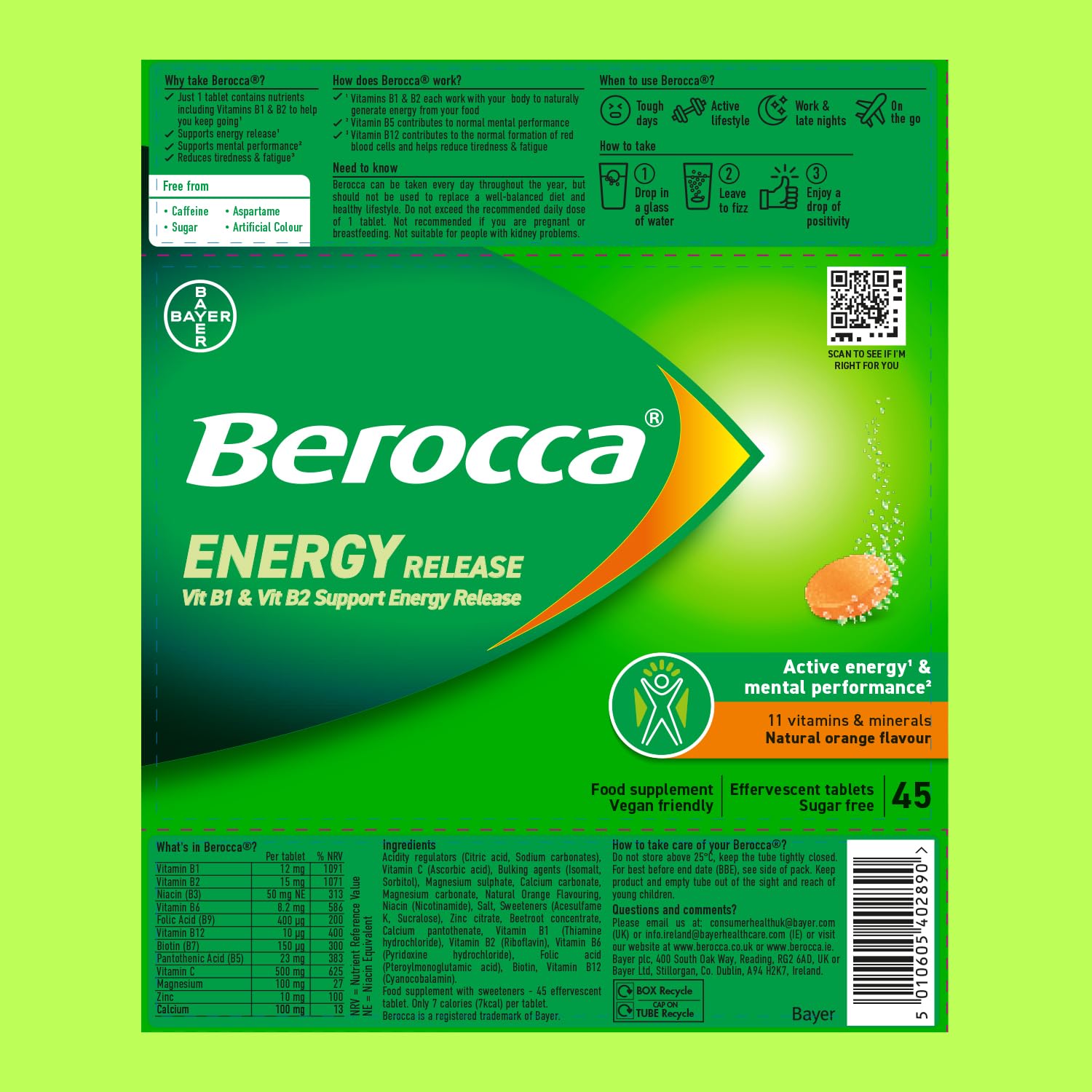 Berocca Vitamin C Effervescent Tablets - Orange Flavour - Magnesium, B12, B Complex - 45 Tablets - Damaged Box - BBE 12/2027