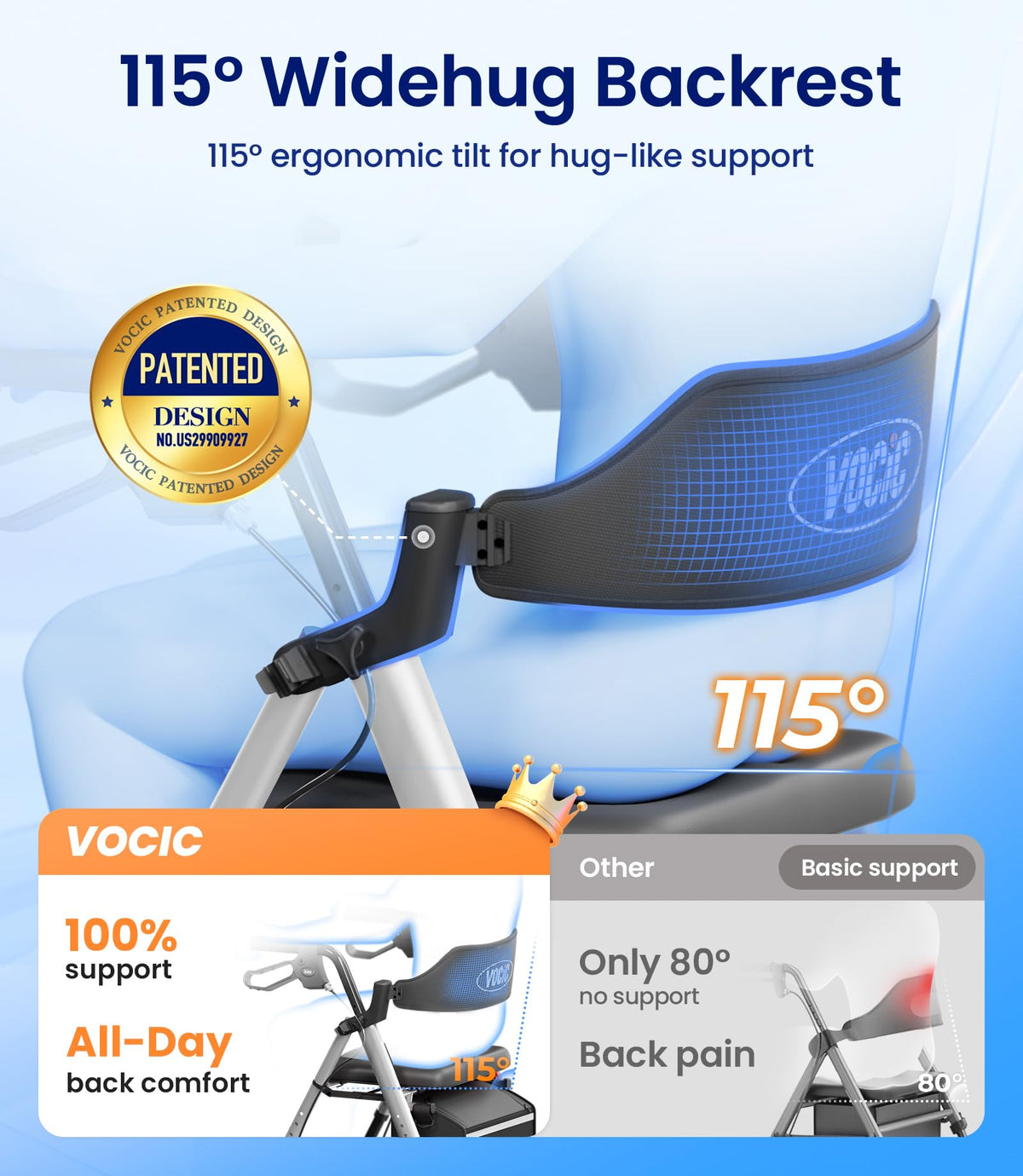 VOCIC Rollator Walker with Seat - Foldable Lightweight Walking Aid - Adjustable Height - 8" All-Terrain Wheels - Silver - Damaged Box