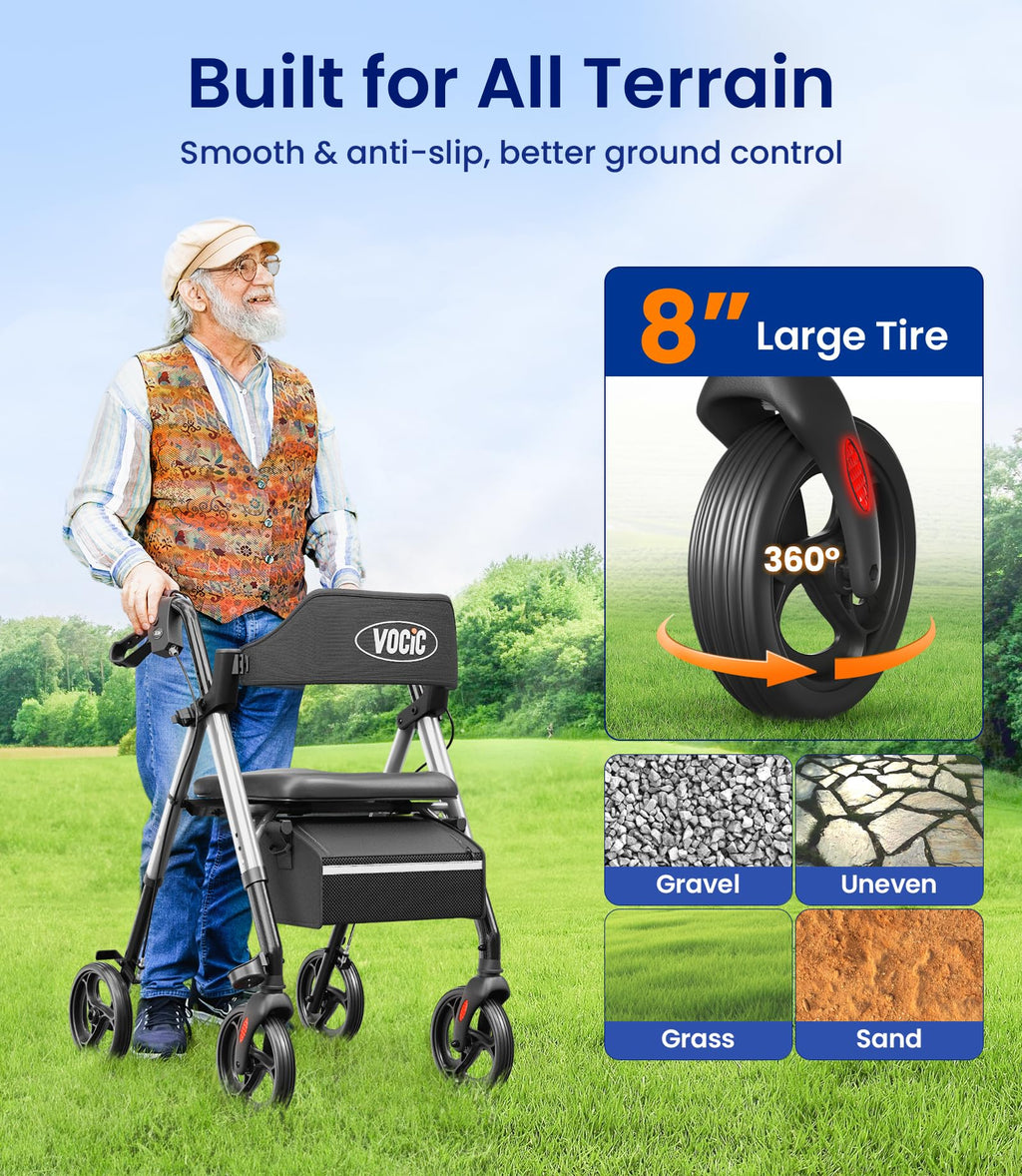 VOCIC Rollator Walker with Seat - Foldable Lightweight Walking Aid - Adjustable Height - 8" All-Terrain Wheels - Silver - Damaged Box