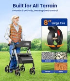 VOCIC Rollator Walker with Seat - Foldable Lightweight Walking Aid - Adjustable Height - 8" All-Terrain Wheels - Silver - Damaged Box