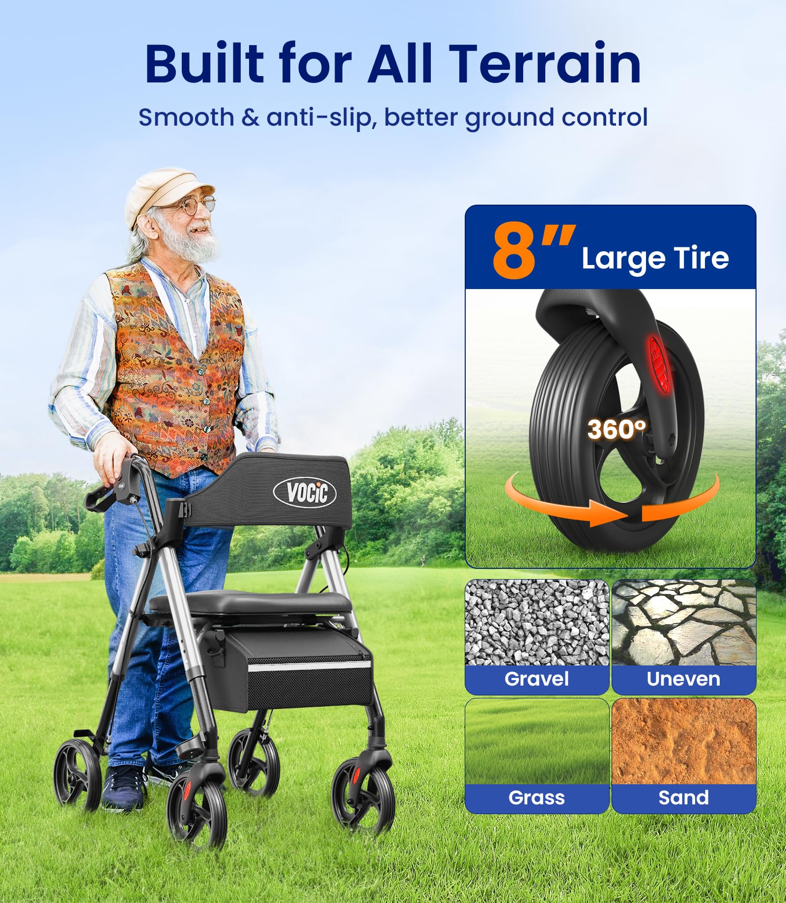 VOCIC Rollator Walker with Seat - Foldable Lightweight Walking Aid - Adjustable Height - 8" All-Terrain Wheels - Silver - Damaged Box