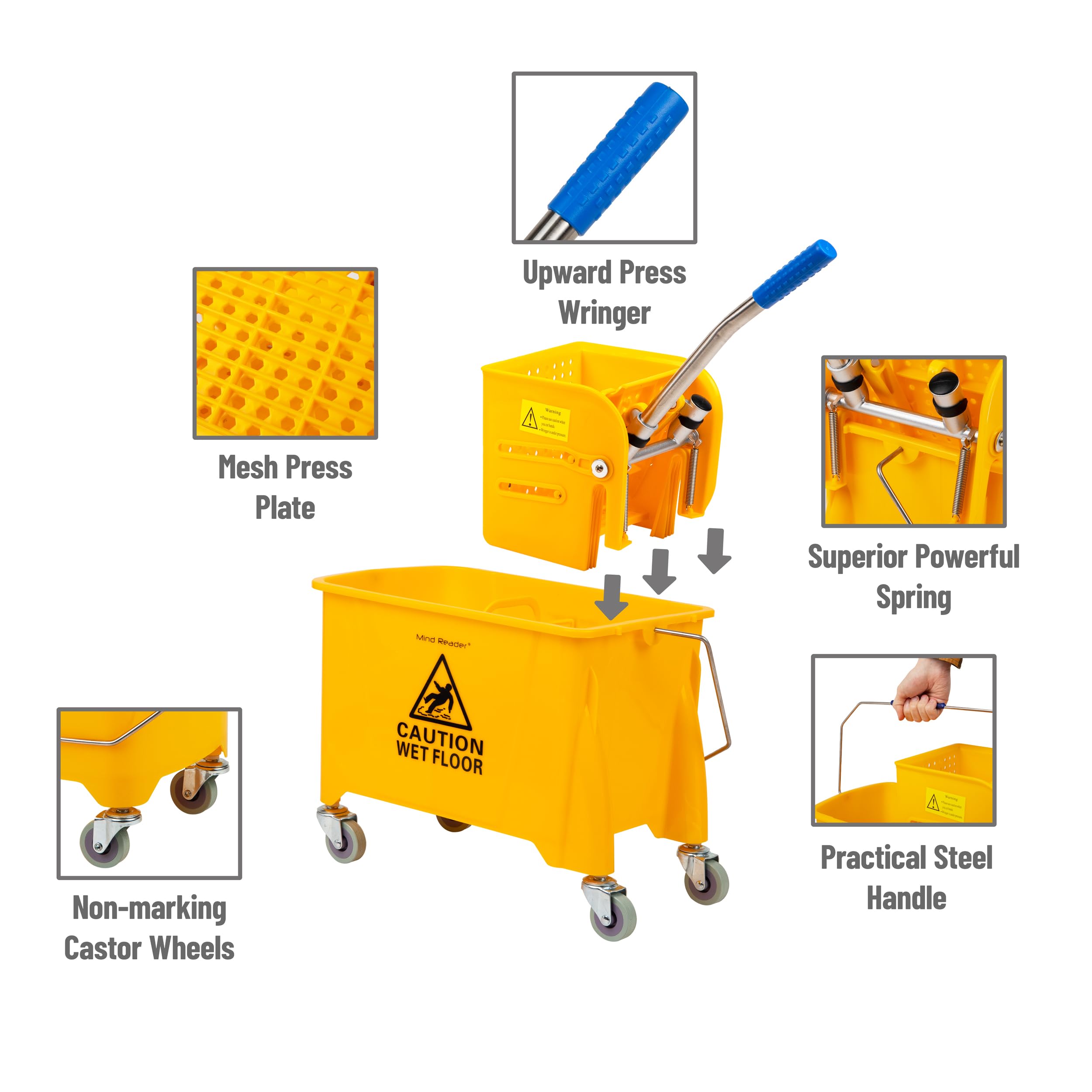 Mind Reader Mop Bucket with Wringer - 22 Qt 5.5 Gallon Yellow - Floor Cleaning Handle Wheels (Mop Not Included) - Damaged Box