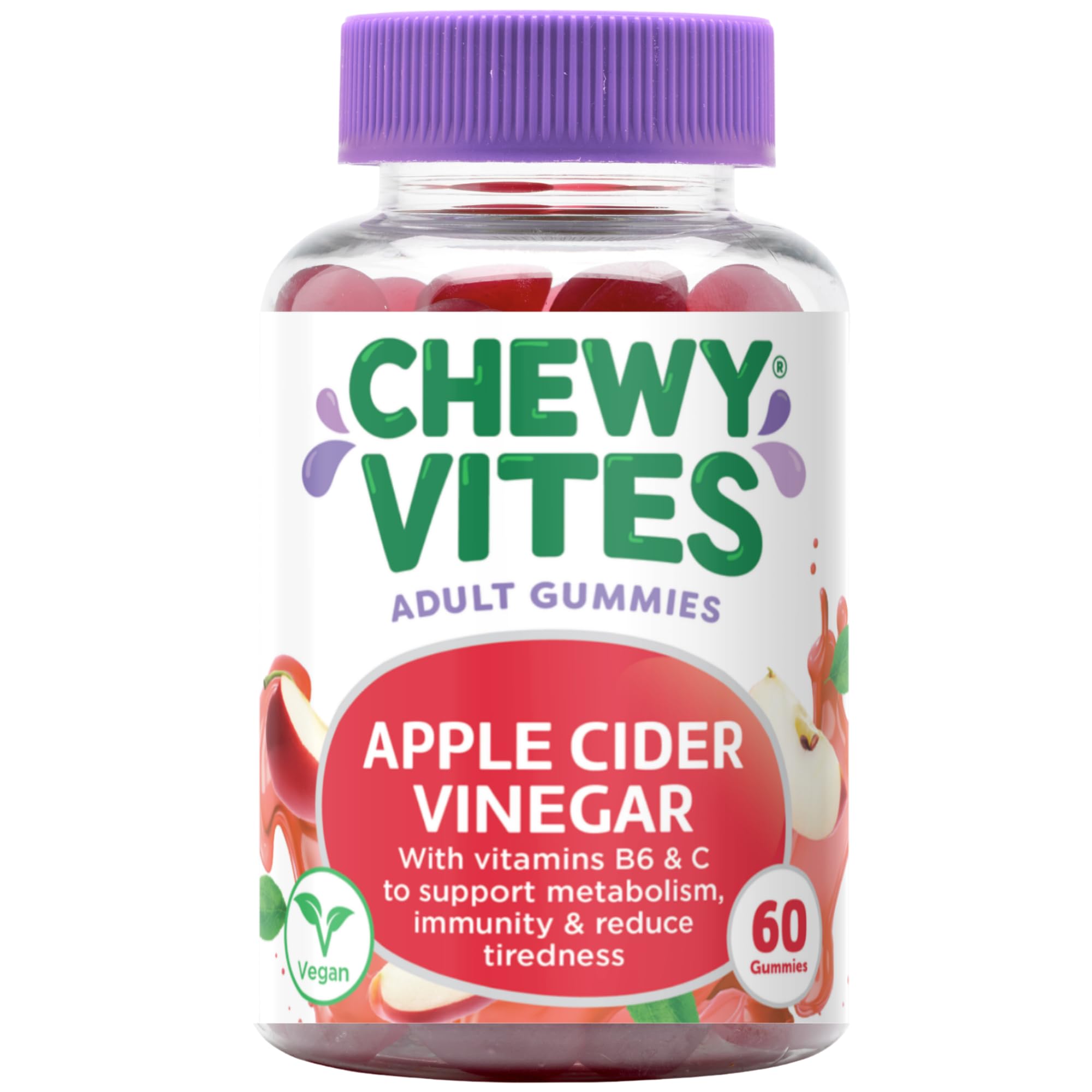 Chewy Vites Apple Cider Vinegar Gummies - 60 Vegan Vitamin C Superfoods - Real Fruit Juice 500mg ACV - New - BBE 09/2026